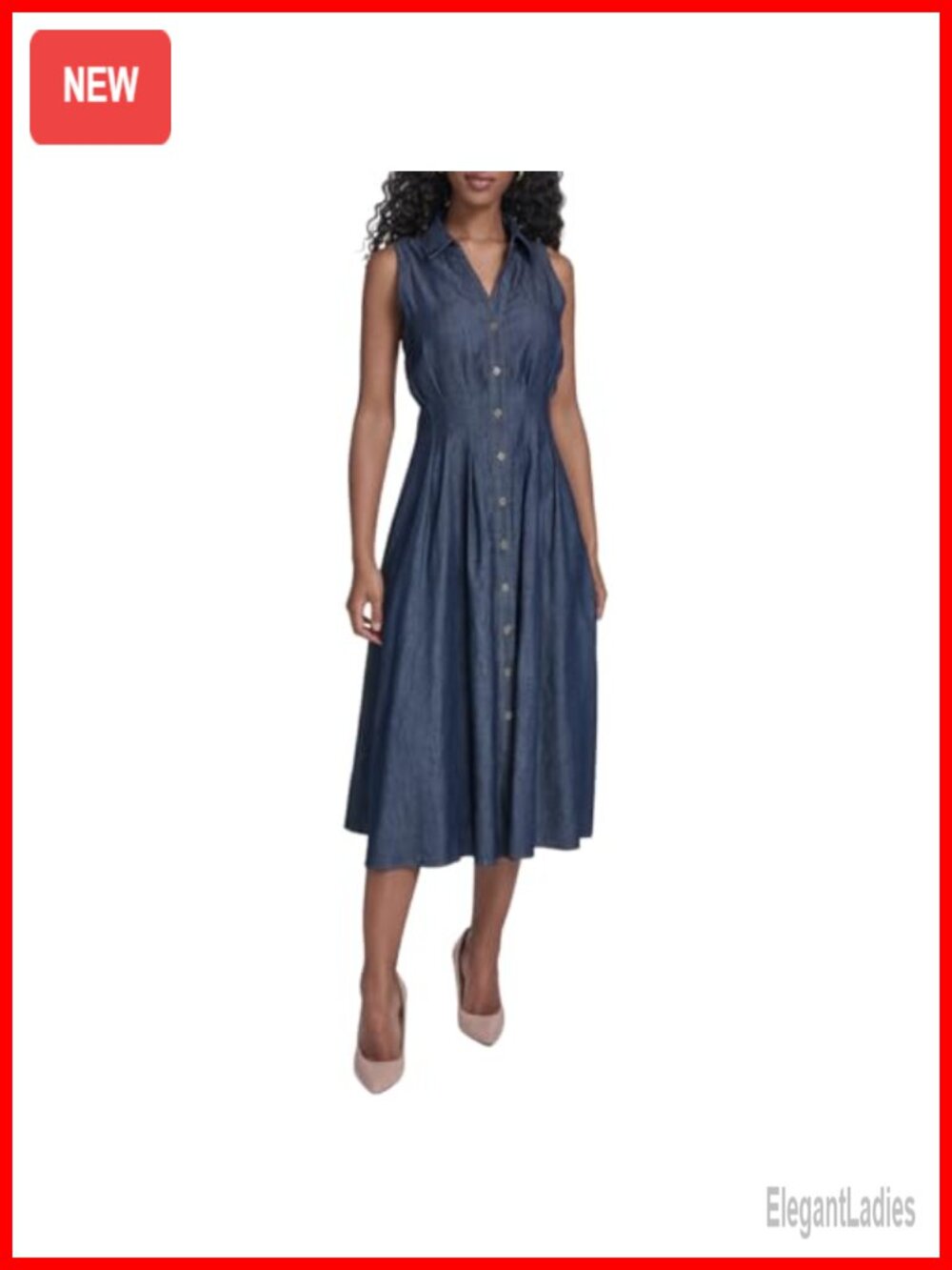 Sleeveless Collared Chambray Button Down Fit & Flare Shirt Dress Midi